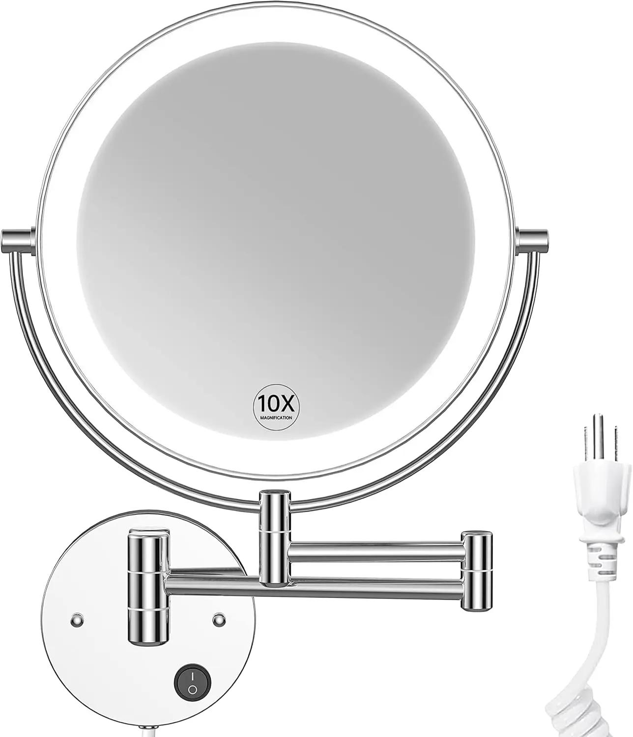 9" Wall Mounted Lighted Makeup Mirror, 1X/10X Magnifying 2-Sided AC Powered, 360° Swivel Extendable Arm