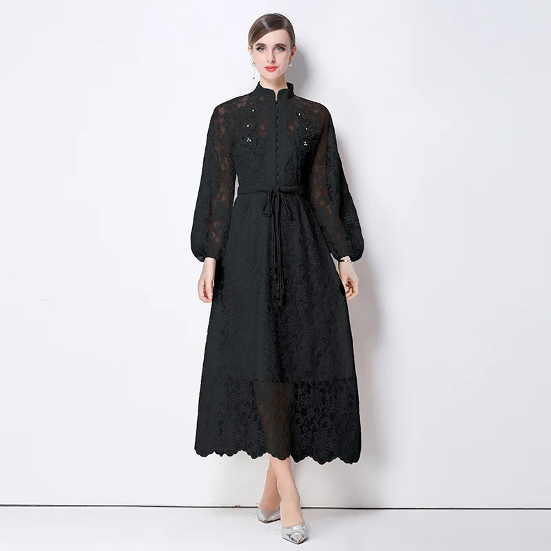 الرجعية طويلة الدكتور المطرزة العمل الثقيل للذوبان الدانتيل تنوعا عالية الخصر ثوب لجميع المواسم الصينية Sle المرأة Faion #3