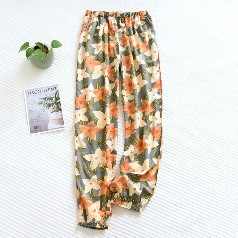 

Spring and summer new women's trousers 100% viscose large flowers comfortable pajama pants loose closing home pants plus size
