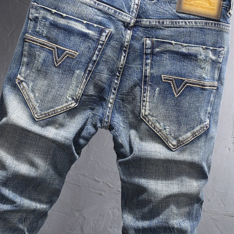 Newly Designer Fashion Men Jeans Retro Blue Elastic Stretch Slim Ripped Jeans Men Patchwork Vintage Casual Denim Pants Hombre