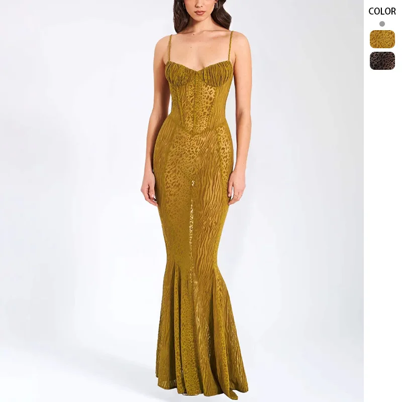 2026 Summer New American Style Women's Super Sexy Leopard Print Low-Cut Sheer Slim Strap Dress