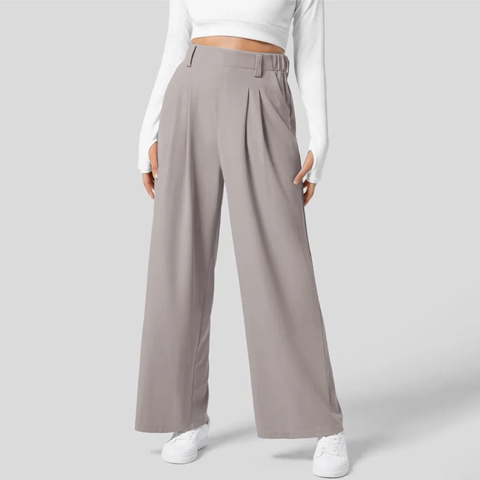 Solid Wide Leg Pants For Woman Work Business High Waisted Pants Office Elastic Trousers Casual Streetwear Womens' Slacks