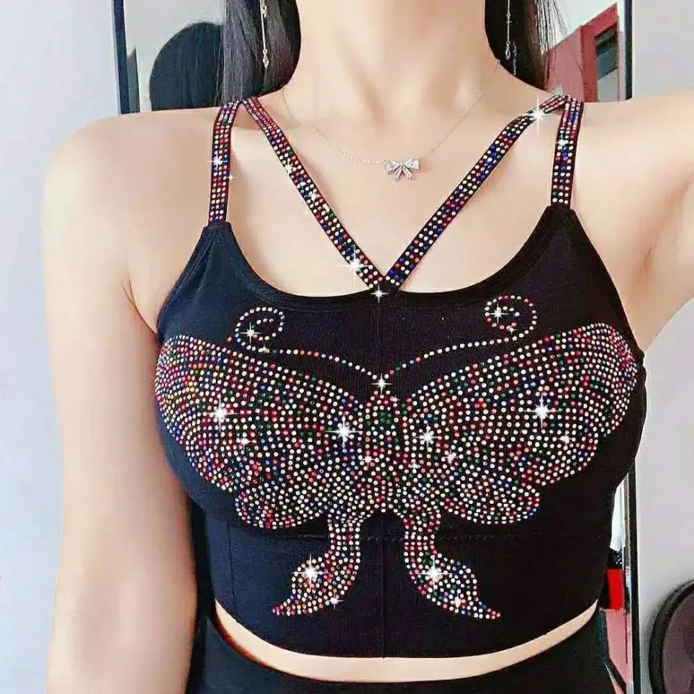 

Crop Tops Women Glitter Popular Spaghetti Strap Camisole Jurk Sleeveless Butterfly Rhinestone Street Wear Cute Tube Top Korean