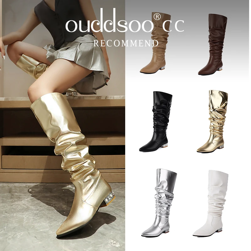

Ods Women Slouch Knee High Boots Golden Sparkly Crystal Boots Silvery Slip-on Winter Lady Sexy Casual Leather Female Long Shoes