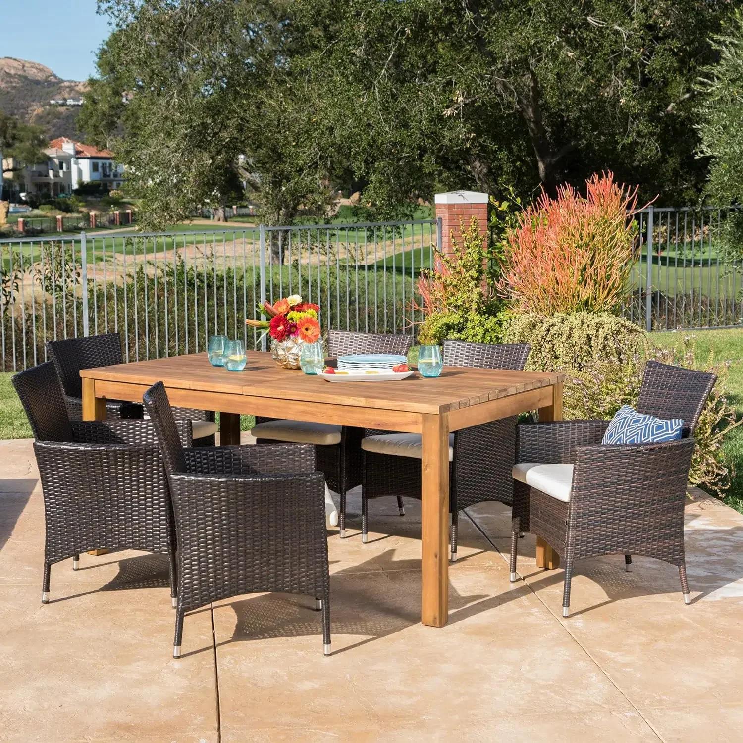 Oslo Outdoor 7 Piece Wicker Set with Acacia Wood Expandable Dining Table and Water Resistant Cushions