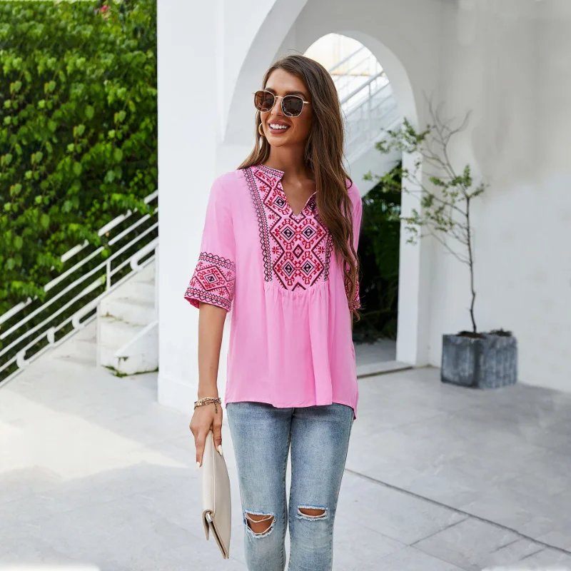 Women\'s Mexican Embroidered Tops Bohemian Style V-neck Peasant Summer Half Sleeve Shirt Boho Tunic Blouses Hippie Clothes Female