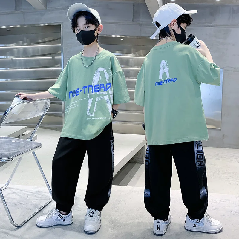 2024 summer Teenager Boys Clothes Casual Kids Tracksuit Child t shirt + Ankle-tied long pant 4 5 6 7 8 9 10 12 11 13 14 Year