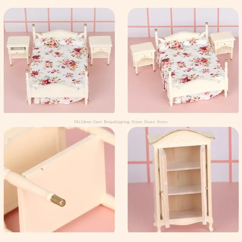 Dollhouses مصغرة غرفة نوم تزود الأثاث واقعية الطاولة كرسي السرير نموذج مثالي لمشهد المنزل الدعائم