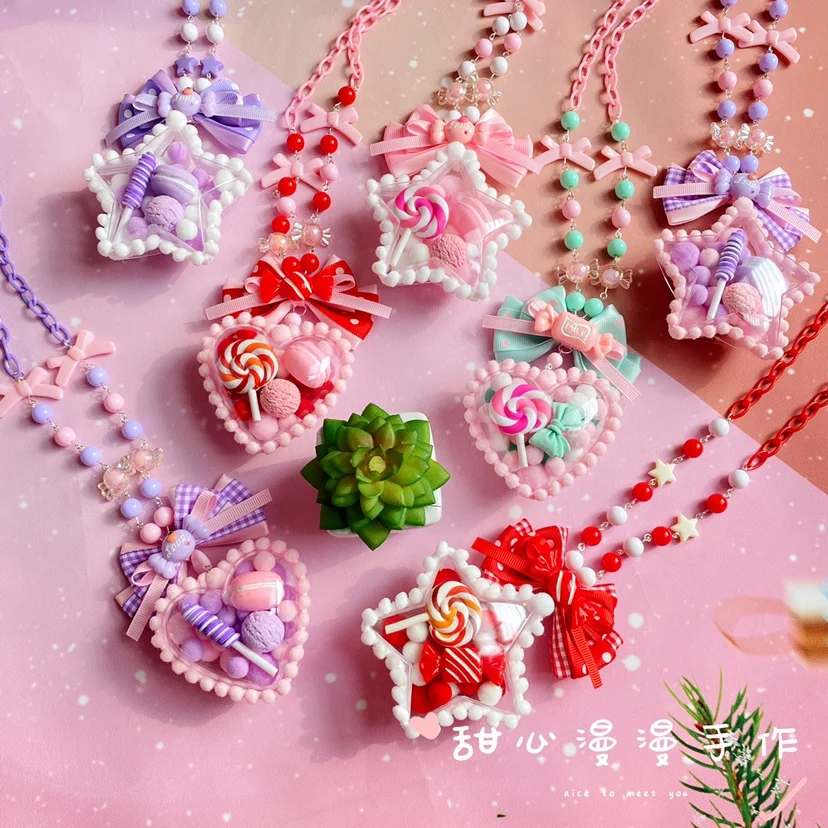 Original Handmade Lolita Sweet Tie Necklace Loving Heart Five Pointed Star Colour Ball Candies Pendant JK Sweater Chain