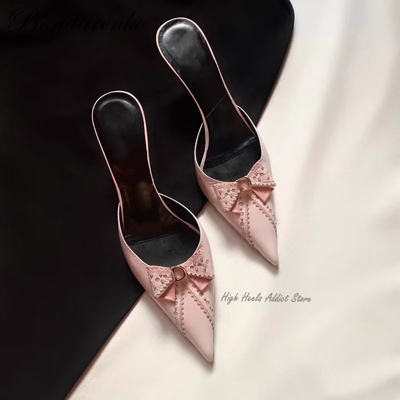 Vintage Pink Bow Leather Mules Pointed Toe High Heels Slippers Women Summer Elegant Causal Party Dress Shoes Free Shipping