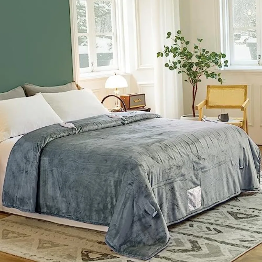 

Heated Blanket 100"x90" - ETLandFCC Certified Flannel Electric Blanket Throw Machine Washable Heating Blanket with 4 Heating Le