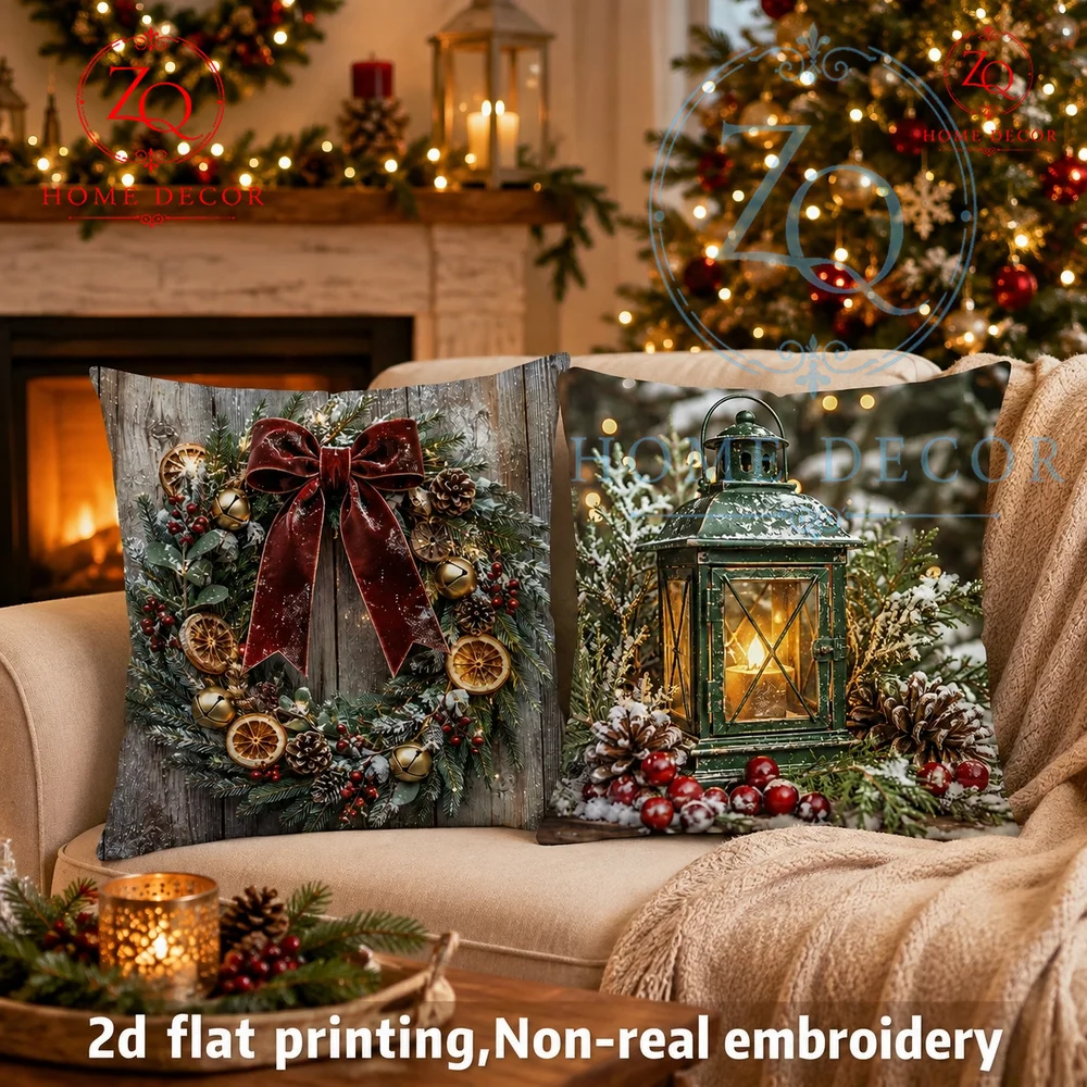 Rustic Christmas Wreath Throw Pillow Cover  inch Farmhouse Holiday Cushion Case with Burgundy Bow  Pine Decor  Winter  Couch Bed