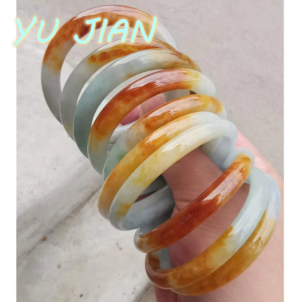 

Newest Rare Floating Yellow Jadeite Bangle Exquisite Fashionable Round Bar Two-color Jade Bracelet Handring Quality Jewellry