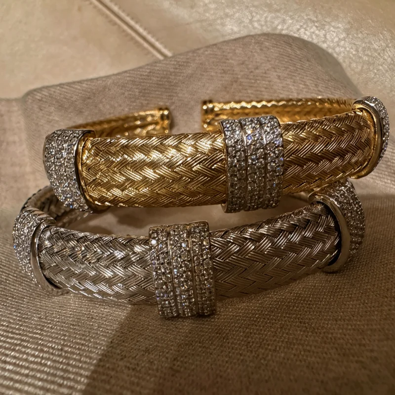 Bellux Italian style hand woven texture design synthetic zircon bracelet s925 silver plated 18K vintage open bangle