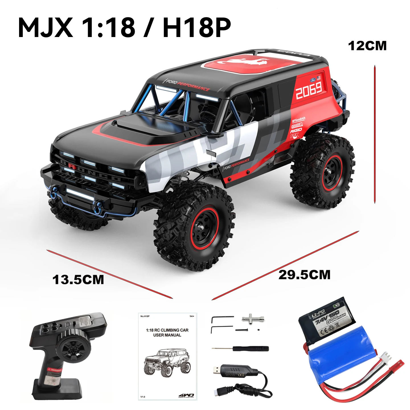 MJX H18P 1/18 Scale Ford Bronco Brushless 4WD Remote Control Off-Road Climbing Crawler All-Terrain Vehicle Toy for Ages 14+