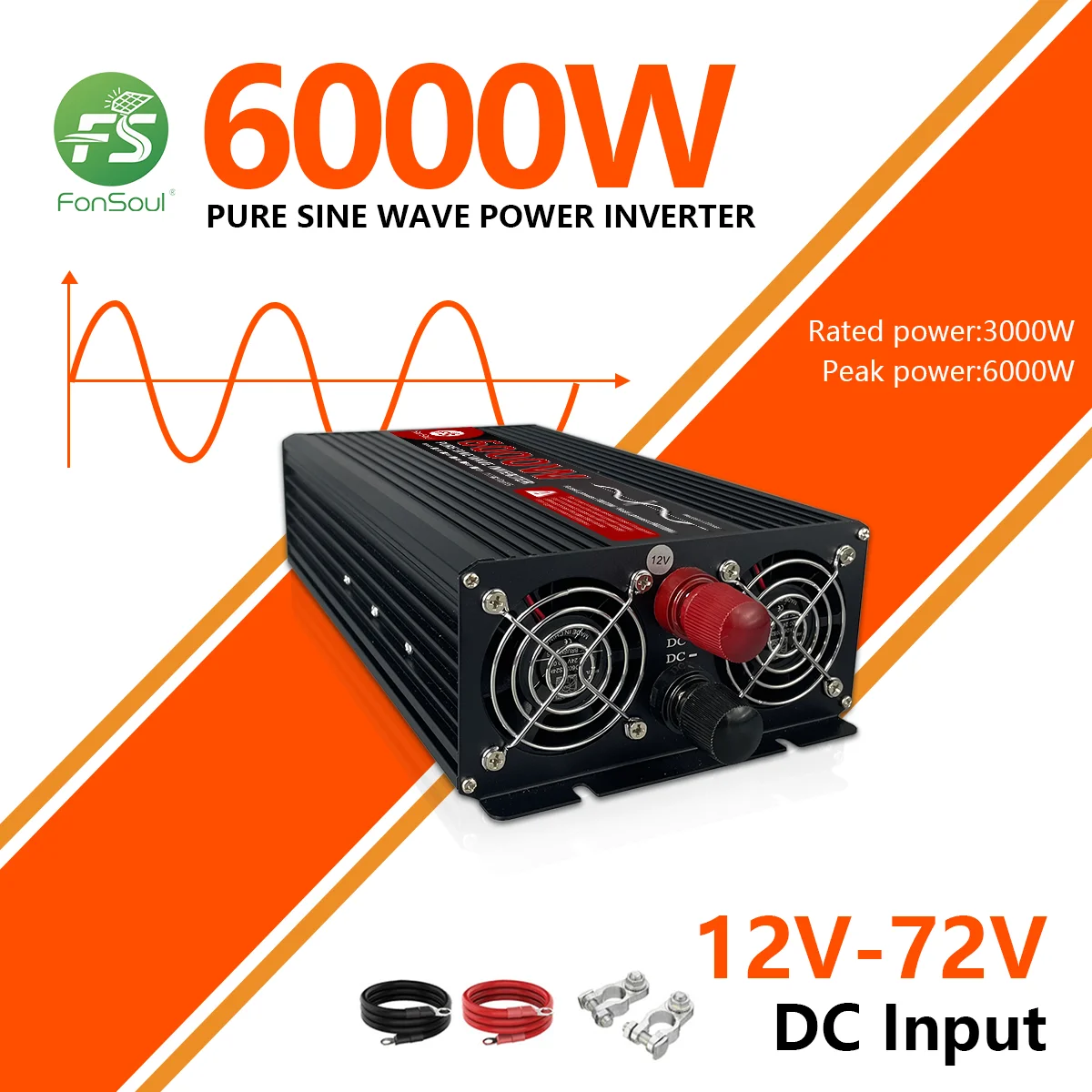 FonSoul 6000W Peak Pure Sine Wave Inverter 3000W Rated, 12V DC to 110/220V AC, 90% Efficiency, Smart LCD,for RV, Camping