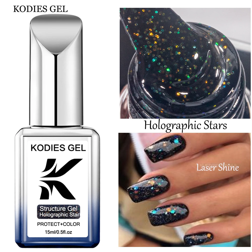 Kodies gel base de borracha holográfica gel unha polonês semi permanente uv glitter brilho gel laca tudo para manicure cosméticos