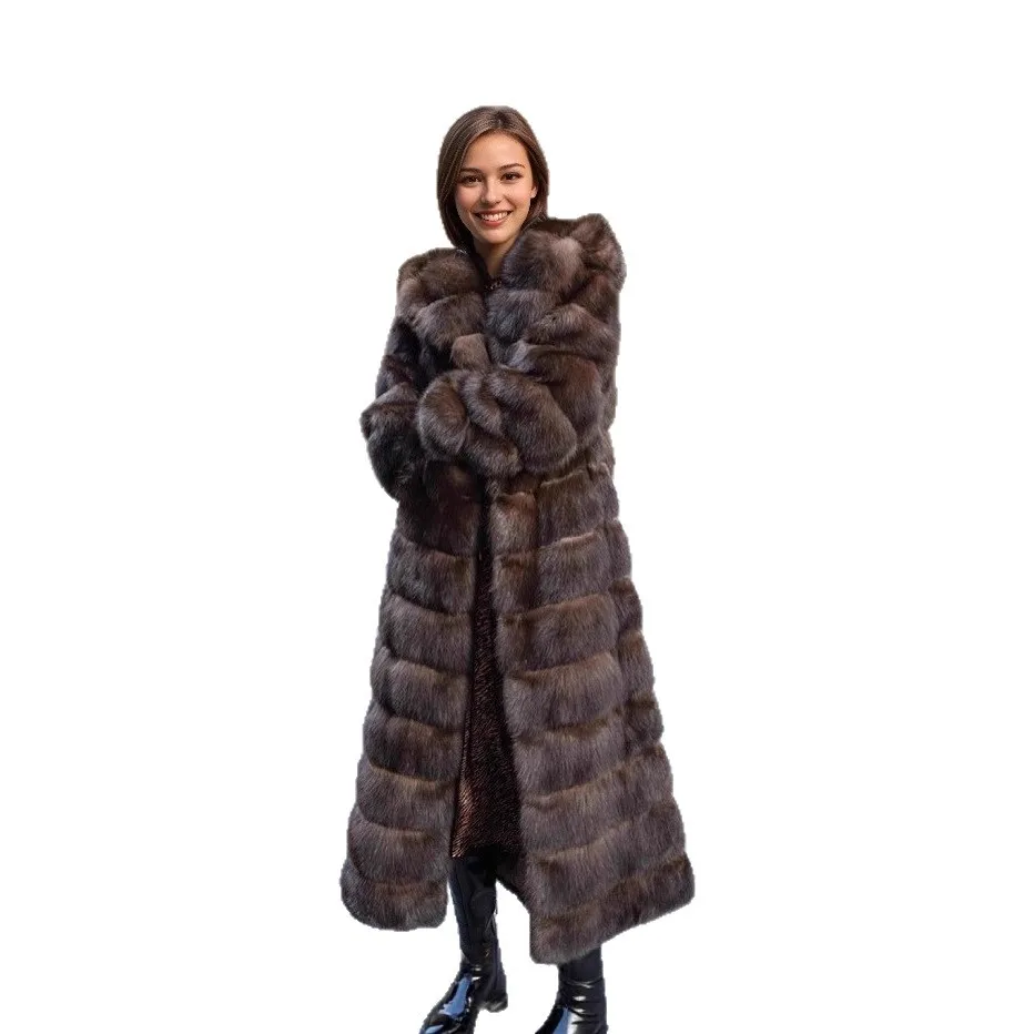 Chaqueta de piel sintética marrón Vintage para mujer, abrigo de piel sintética grueso y cálido con capucha para mujer, prendas de vestir de piel de visón, abrigo largo elegante de piel ecológica para mujer