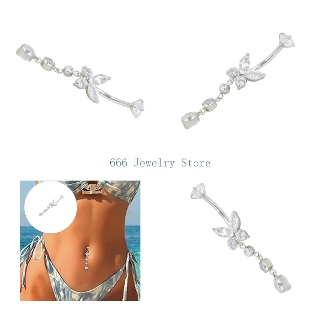 

F2TD Elegant Stainless Steel Butterfly Belly Ring With Sparkling Zircon Stones For Women