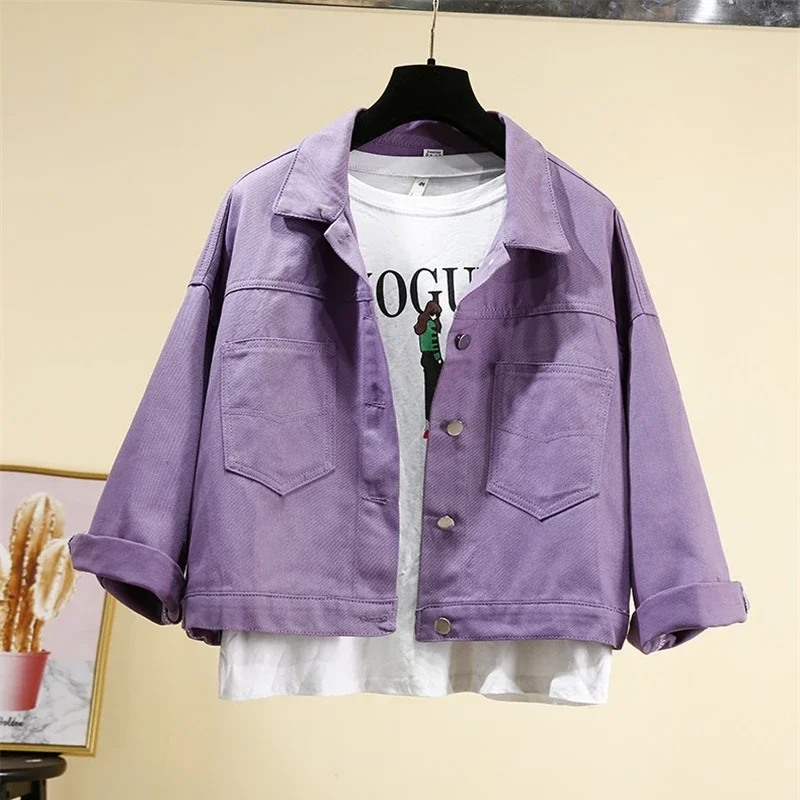 

2025 Spring Autumn Purple Denim Jackets Short Women's Coat Pockets Single Breasted Long Sleeve Loose Solid Female Outwear Trend