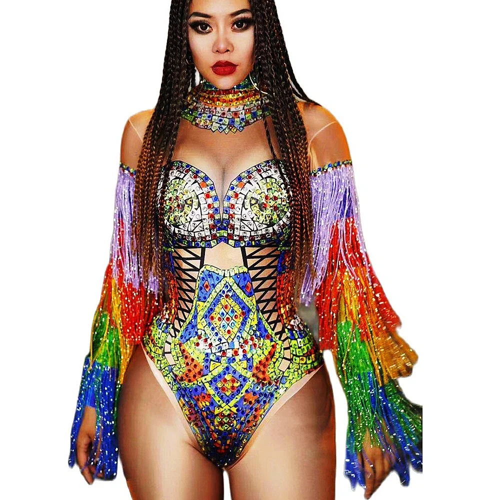 

Shining Diamond Colorful Tassel Skinny Women Bodysuit Mesh Transparent Nightclub Singer Costume Evening Prom Drag Queen Outfit