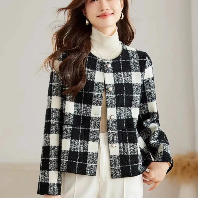 

New Black White Checkered Jacket Women Autumn Short Casual Fragrance Coats