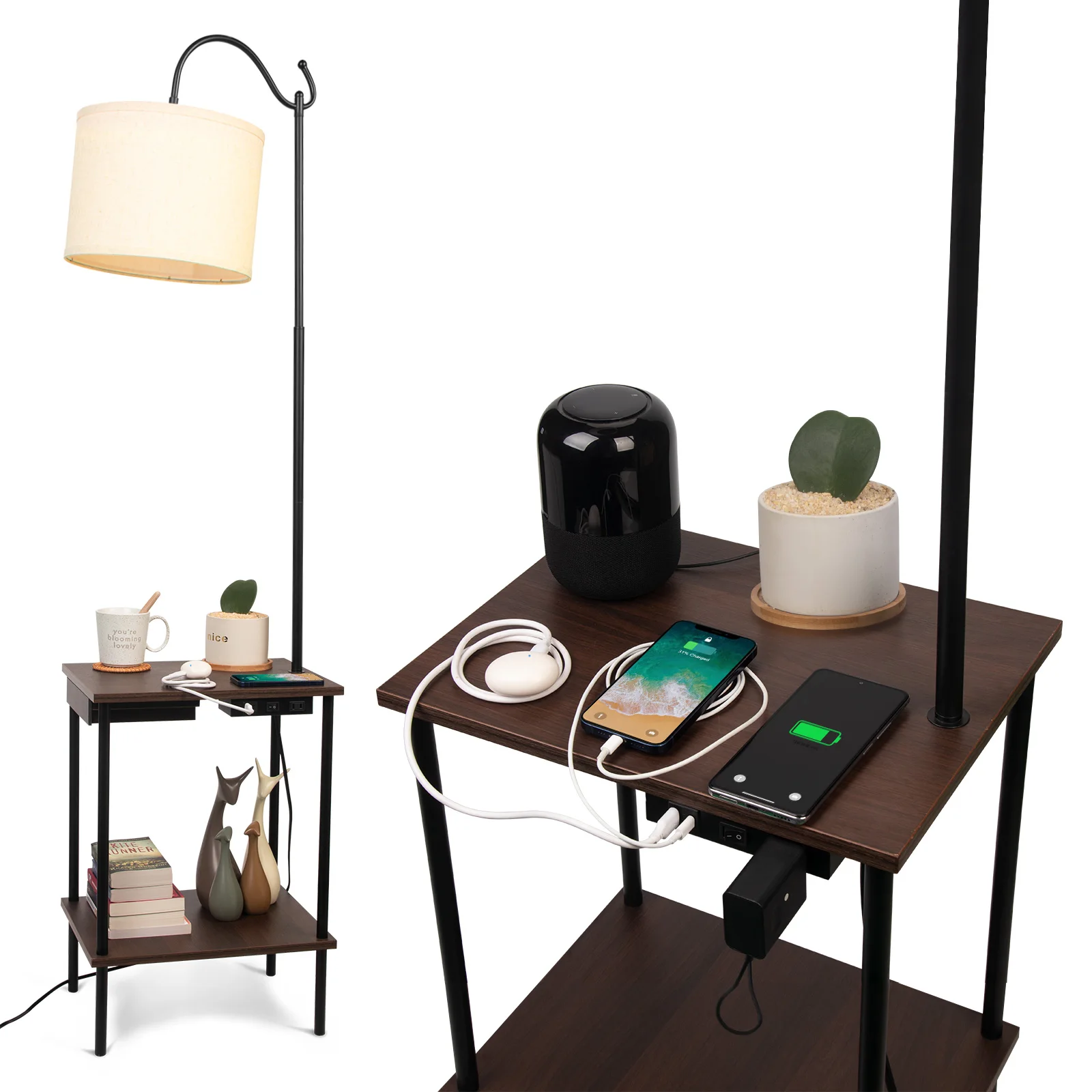 Floor Lamp with Table Industrial Rustic End Table with Wireless USB Charging Port & Power Outlet Bedside