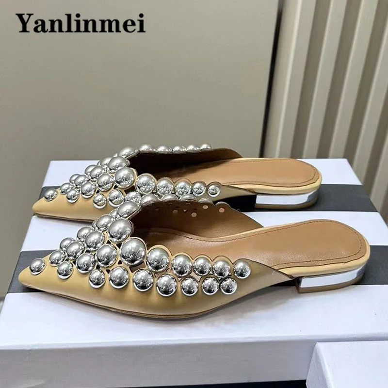 

Luxury Crystal Flat Slippers Women Metal Rivet Decor Party Shoes Street Style Summer Mules Satin Pointed Toe Half Slippers Woman