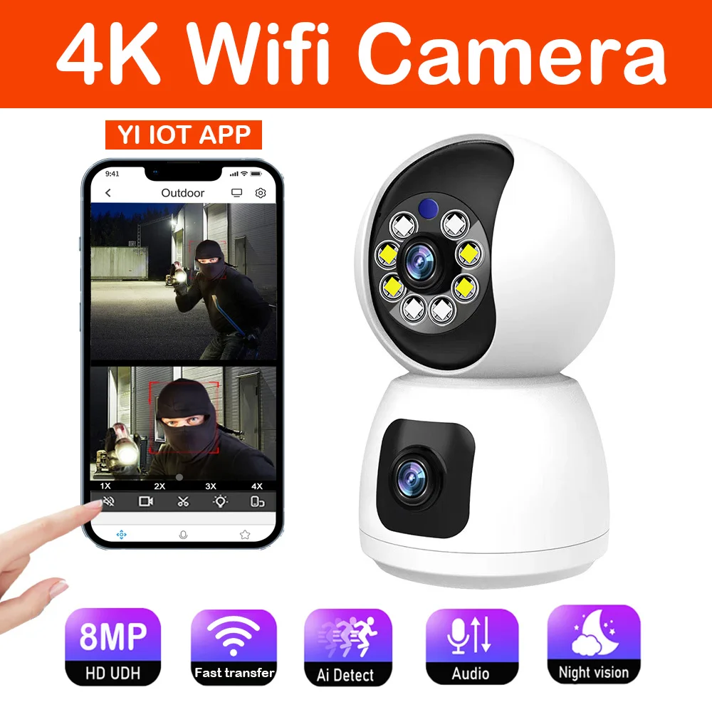 Cámara IP de doble lente 4K, videocámara de seguridad CCTV inalámbrica con Wifi, detección humana AI, visión nocturna a todo Color, vídeo para interiores, Smart Home