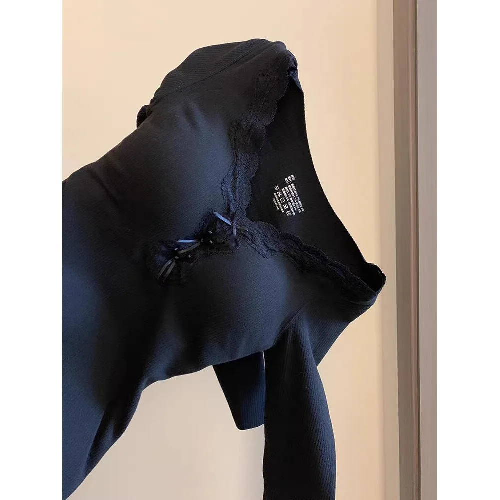 Girls Fleece Lined V Neck Lace  Knot Trim Base Shirt Detachable German Velvet Thickened Autumn Season Women's T-Shirt