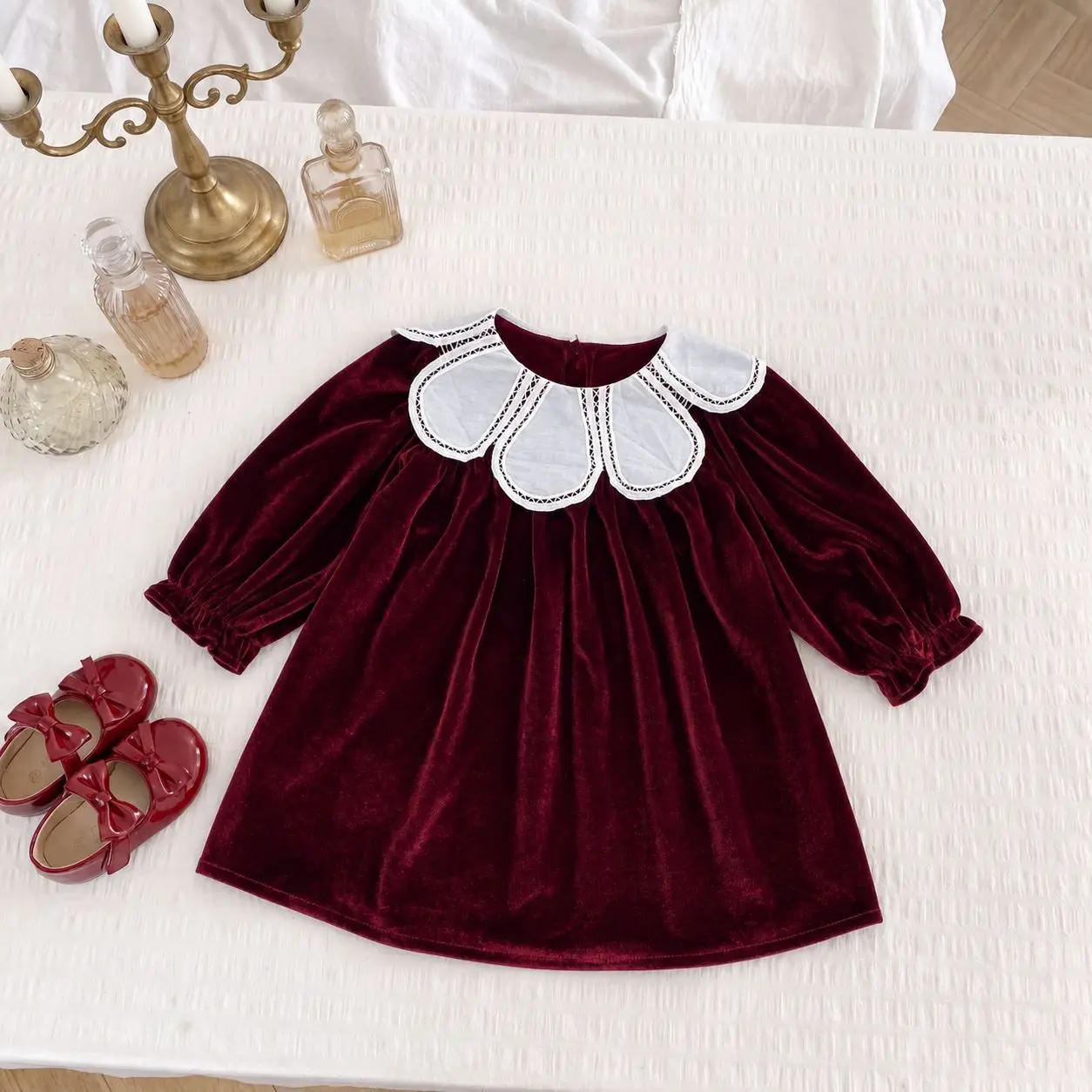 Christmas Girl's Wine Red Velvet Dress Autumn Winter New Baby Girls Petal Collar Long Sleeve Princess Dresses Birthday Vestidos