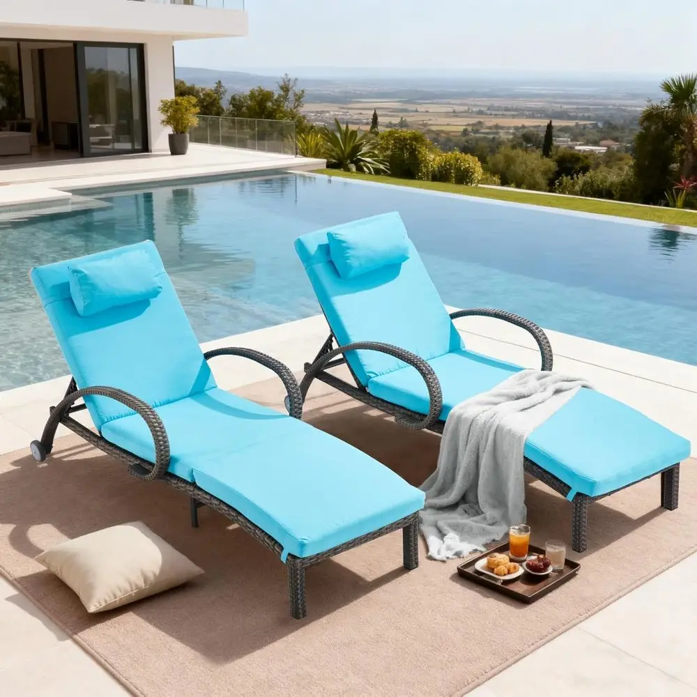 

2-Piece Outdoor Pool Lounge Chair Set with 5-Position Adjustable Back, Wicker Patio Chairs on Wheels, Lake Blue