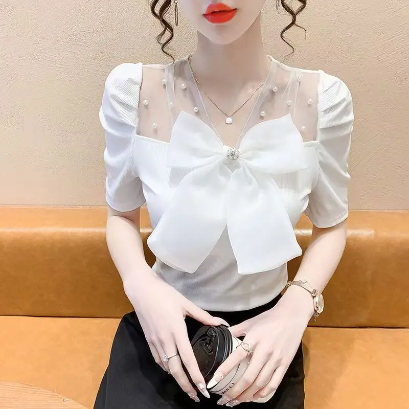 Sweet Summer Tees Women's T-shirt Fashion Beading Bow Splicing Mesh V-neck Short Sleeve Top Slimming Party T-shirt 2025 New