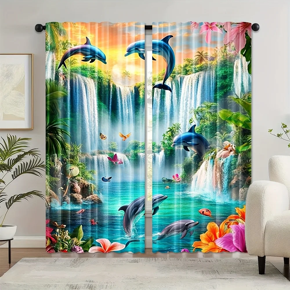 3D Dolphin Waterfall Curtain, Tropical Ocean Scenery Window Drape, Blue Sea Animal Print Panel, Kids Room Beach Decor, Blackout
