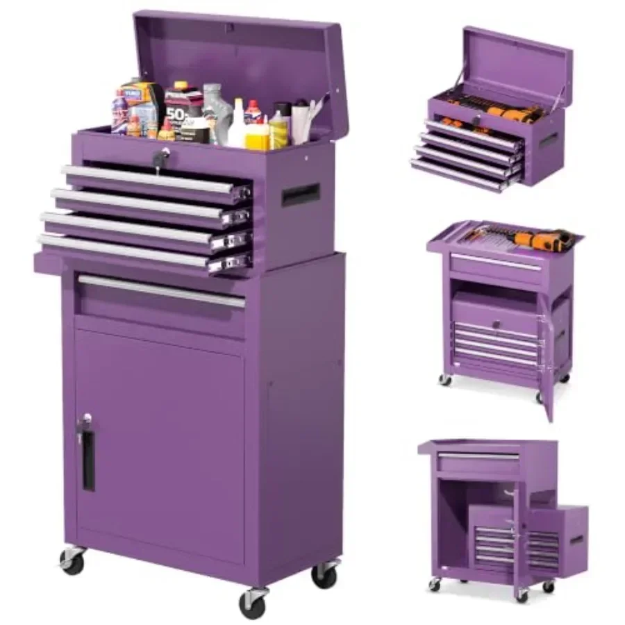 Garage workshop repair room 5-drawer tool chest with wheels, steel, black, pre-assembled rolling design with detachable top box