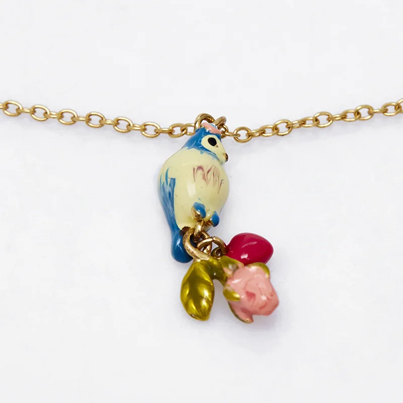 

Lovely Sweet Fashion Enamel Glaze Three-dimensional Blue Tit Bird Pink Love Pendant Necklace Collarbone Chain for Fairy Girls