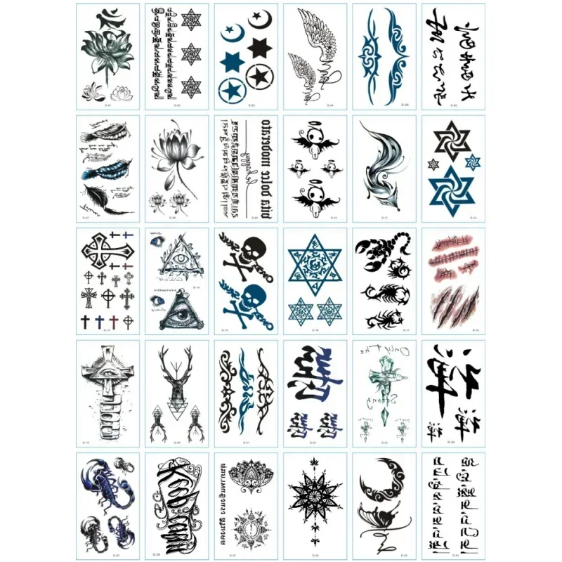 30pcs/set Totem Waterproof Temporary Tattoo for Men Adult Skull Cross Wings Small Fake Tattoos Stickers Neck Arm Hand Wrist Leg