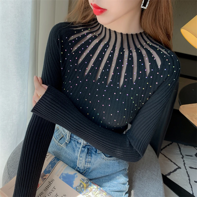 2023 Autumn Winter Pullovers New Fashion Knitwear Women\'s Diamond Tops Patchwork Mesh Bottom Sweater