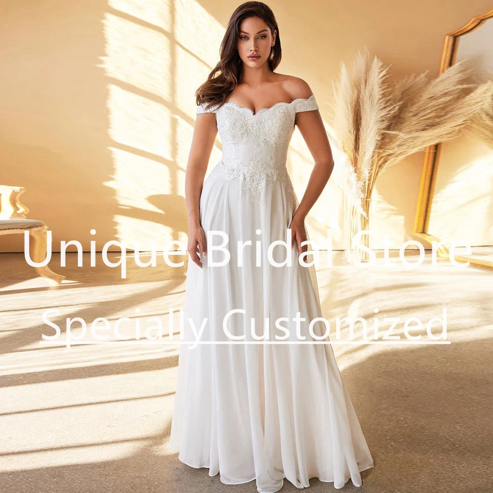 

CustomizedWedding Dress For Women Bride A-Line Chiffon Off The Shoulder Backless Zipper Applique With Pleat Floor-Length Bridal