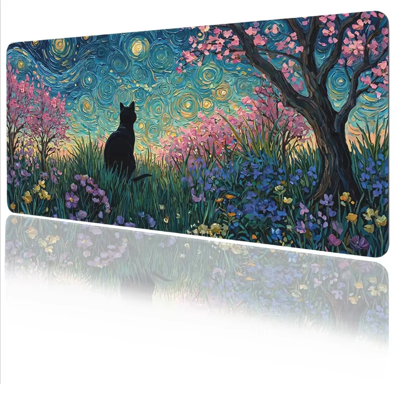 Mouse Pad Black Cat Starry Flower Gamer printon demand Home Mousepad XXL Mouse Mat Soft Non-Slip Office Laptop Table Mat