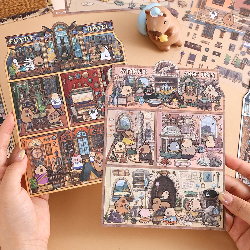 Card Lover 3 Pcs [Capibala Hotel Series] Creative Cartoon Interesting Scenes Collage Puzzle Stickers PET Material Scrapbook Kit