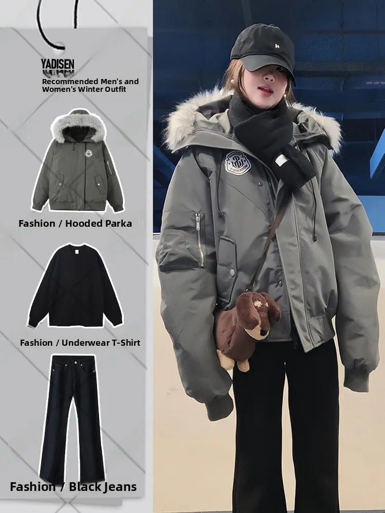 

Thiened Deep ey down Parka Coat for Men Winter Workwear Hooded Cotton Jaet with Fur Collar Warm And Sli Outerwear