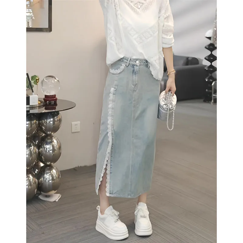 Denim A-Line Skirt Women Spring Summer High Waist Lace Trim Split Hem Long Skirt Slim Fit Straight Design Korean Chic Vintage