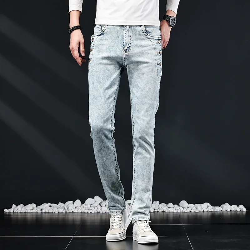Slim Skinny Jeans Men New Elastic Korean Design Fashion Multi-Button Blue White Vintage Wash Cotton Stretch Denim Pants Trousers