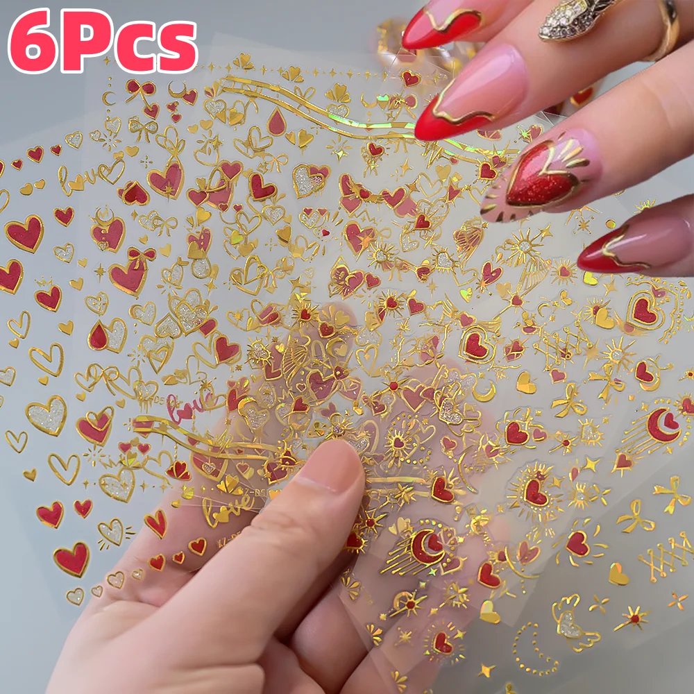 

6Pcs 3D Laser Gold Heart Bow Lock Nail Art Stickers Sweet Red Love Self-Adhesive Nail Decals Romantic Manicure Decoration Slider