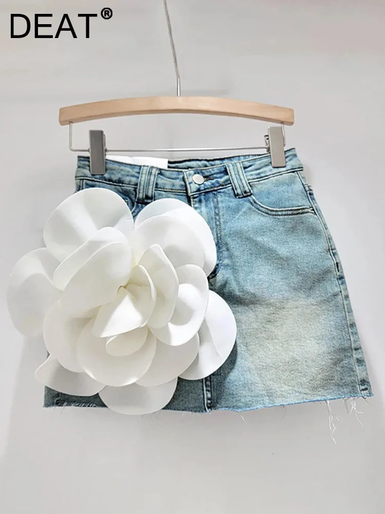 DEAT Women's Denim Skirt Slim Burrs Wrap Hip Contrast Color Flower A-line High Waist Mini Skirt 2024 Summer New Fashion 29L7283