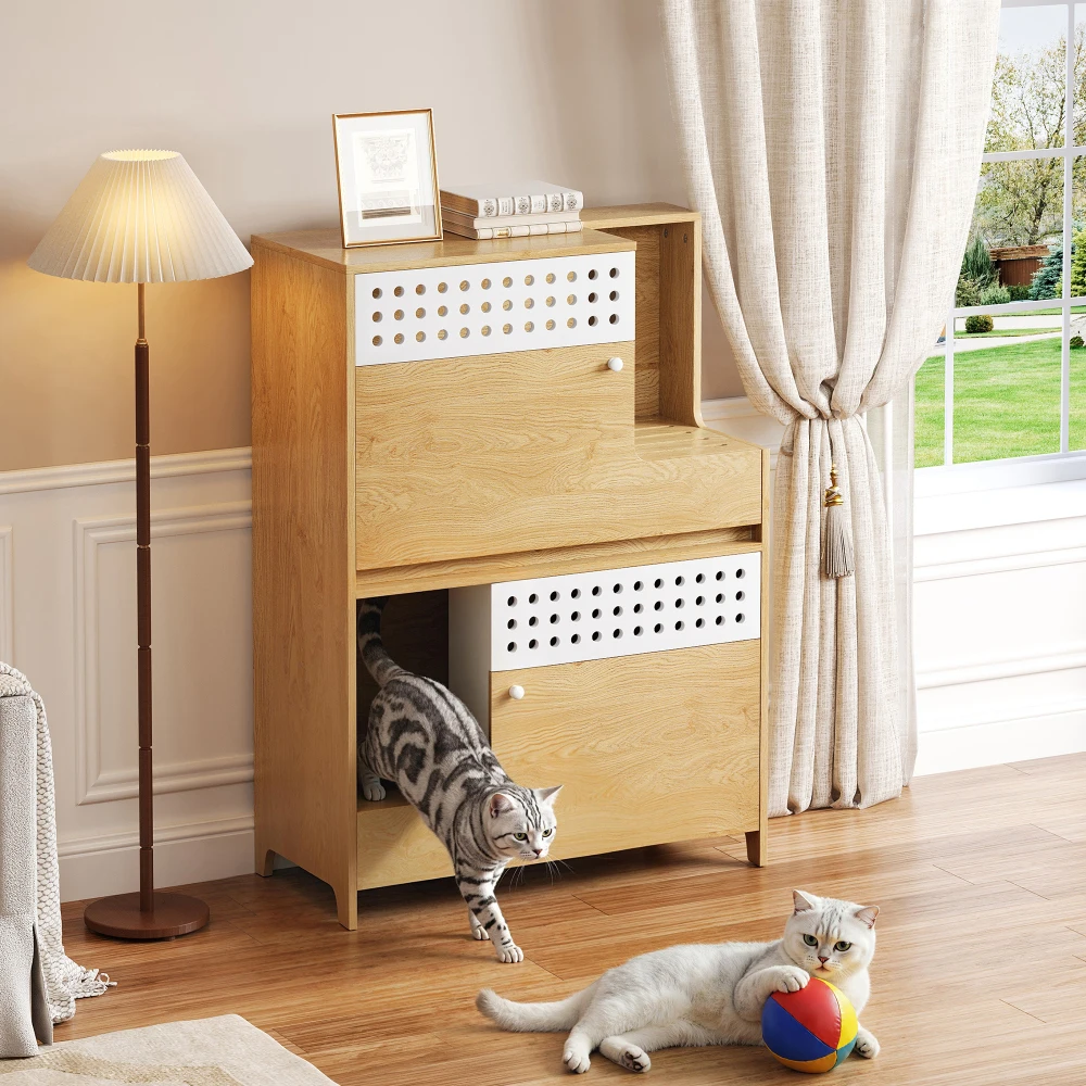 

Modern 2-in-1 Cat Furniture: Litter Box Enclosure Side Table with Storage for 2 Small-Medium Cats - Natural