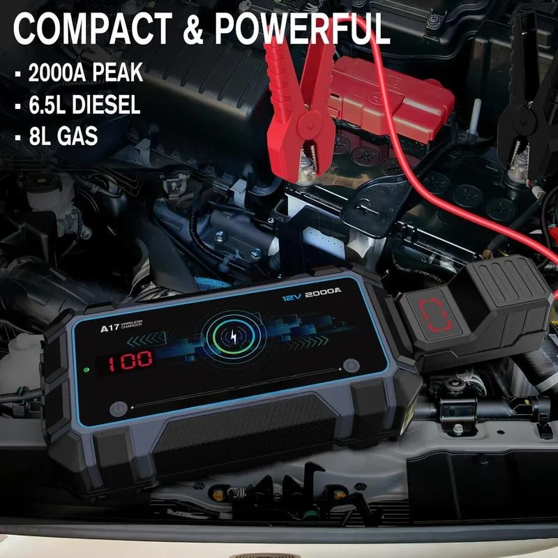 2000A Peak Jump Boxes for Vehicles(12V 8L Gas/6.5L Diesel Engine) Equipped Fast Wireless Charging Jump Starter Battery Pack