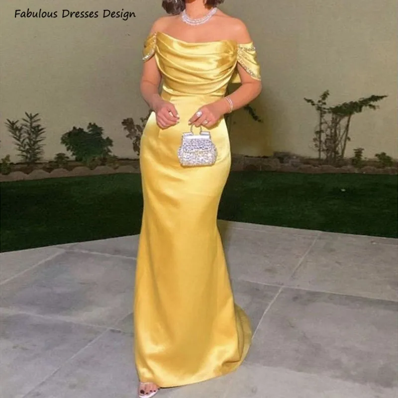 

Sequin Off Shoulder Long Mermaid Bridesmaid Dresses Yellow Scoop Neck Pleat Wedding Guest Party Dress Formal Occasions Gown