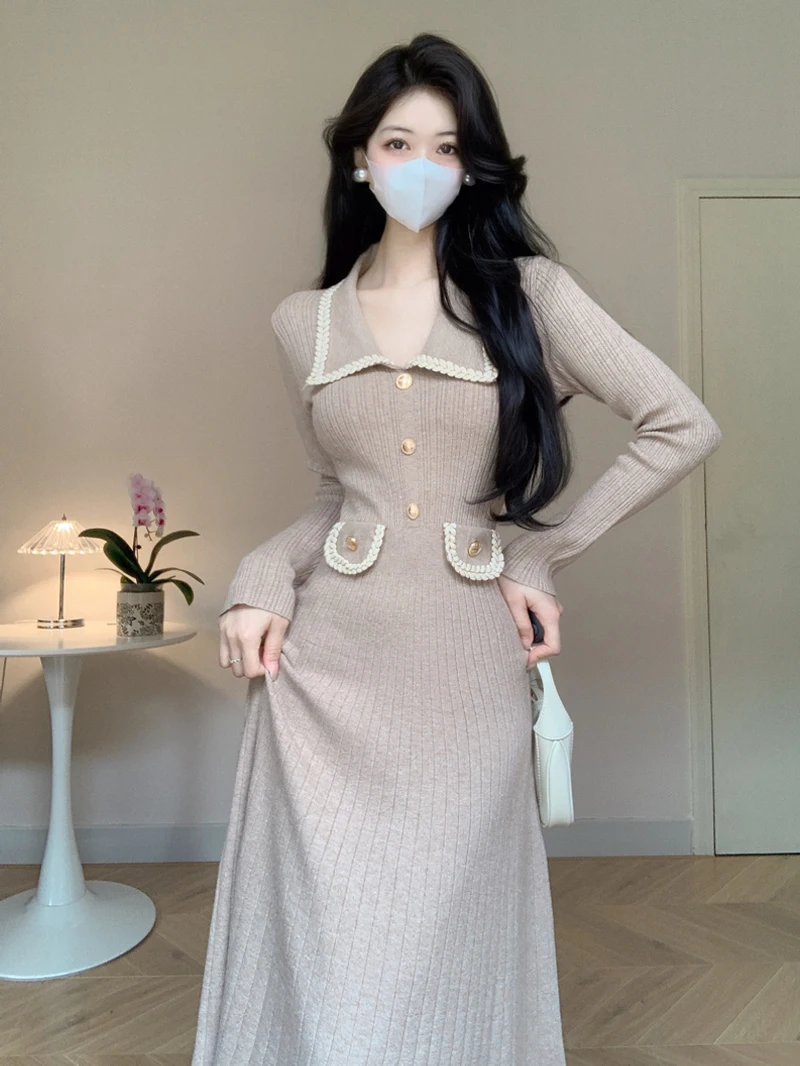 4 Colours Long Knit Dress Elegant Women 2023 Korean Chic Lapel Long-sleeved Black Dress Fall Winter Pretty OL Temperament Dress